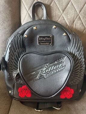 Loungefly Black Rock 'n' Roller Coaster Wing Heart Mini Backpack with Red Roses